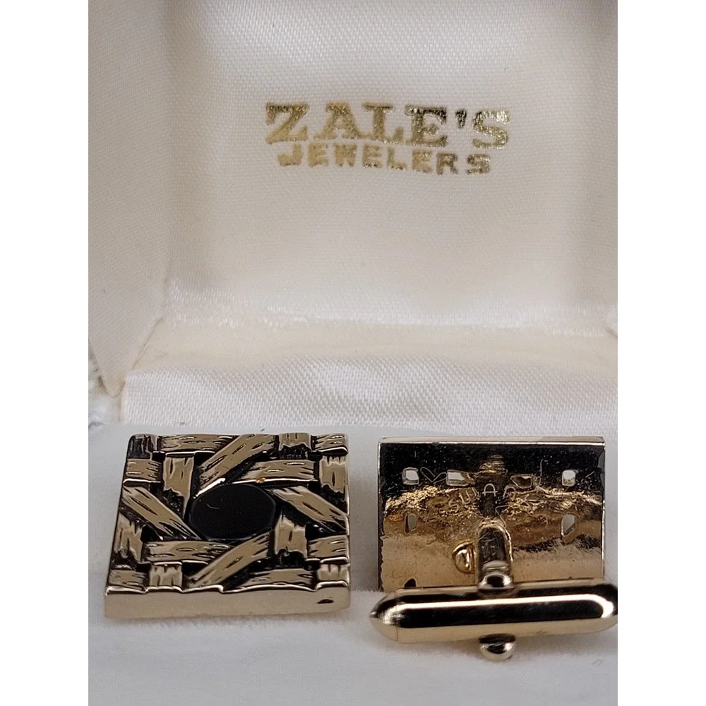 Swank Cufflinks Gold Tone Basketweave Square Black Center with Zales Box